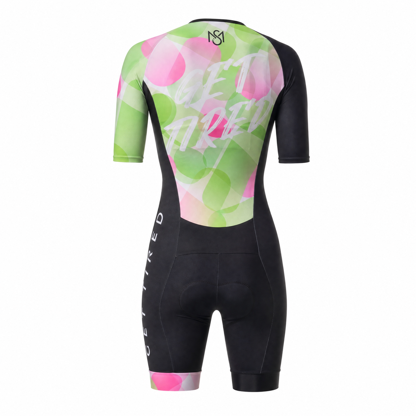 Back view of the black and pink MarSkate Rose Race inline skating skinsuit on a studio background.